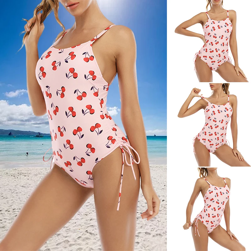 

Women's One Piece Swimsuits Cherry Fruit Printed Bathing Suits Thin Strap Women Backless Ruched Printed ASD88