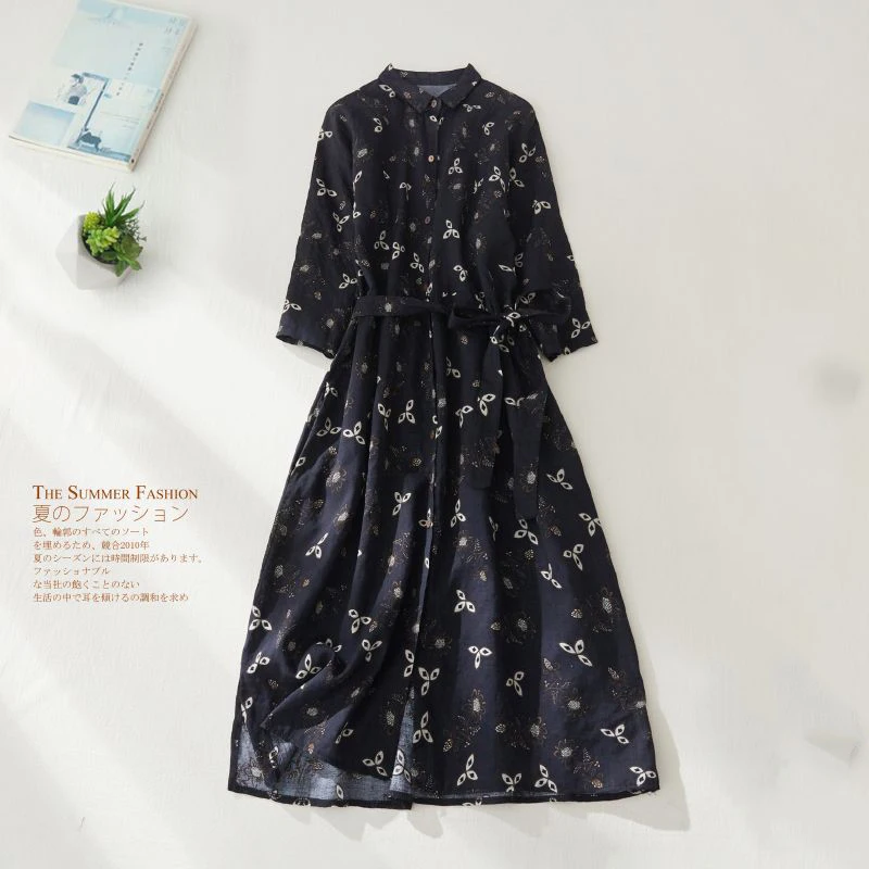 

Новинка весна-лето 2023 высококачественное женское летнее платье-рубашка средней длины из хлопка и льна в классическом винтажном стиле с цветочным принтом