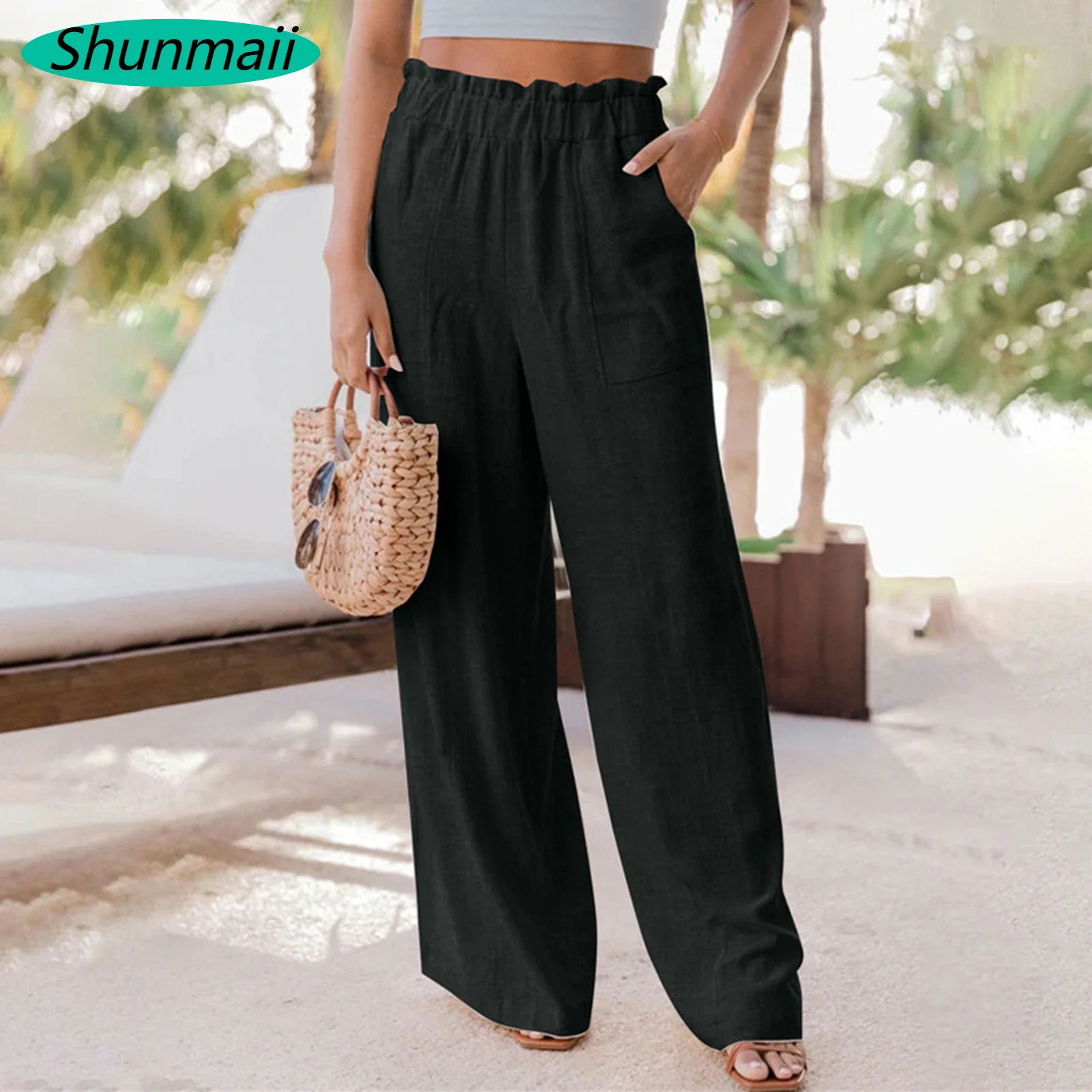 

Wide Leg Pants Cotton Blended Pants with Pockets Solid Color Elastic Waisted Pants H Line Loose Fit Vacation Outfit tienda traf