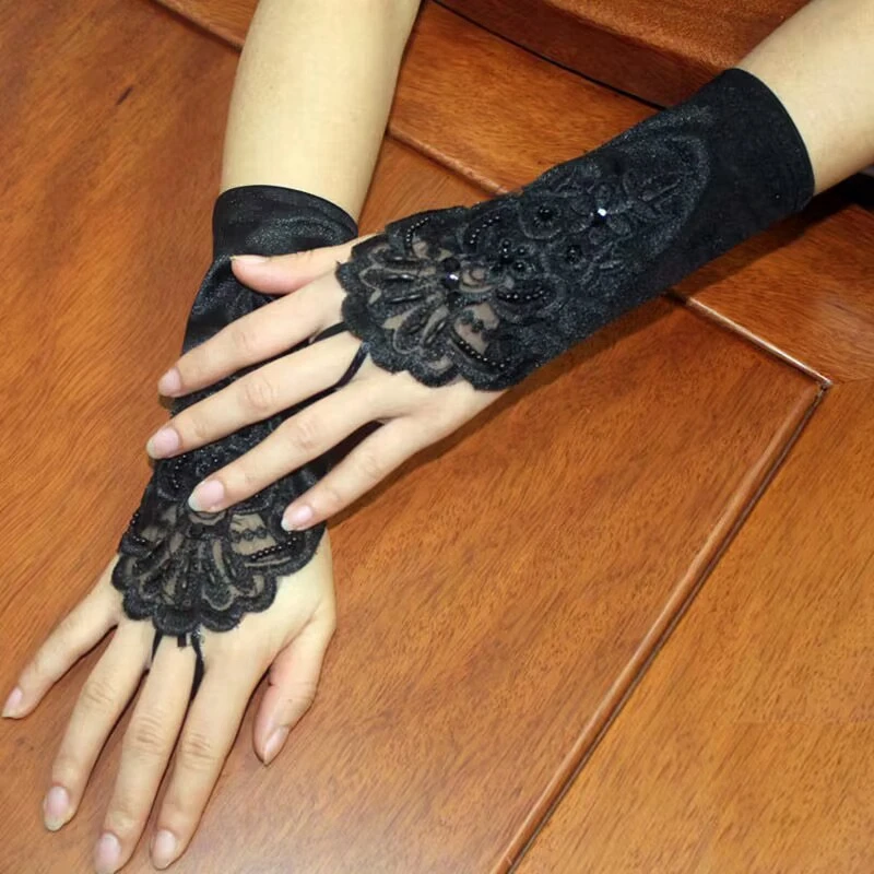 

Nail Display Decoration Open Finger Black Yarn Gloves Bridal Wedding Gloves For Take a Photo Manicure Accessories