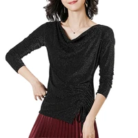 tfetters new sexy v neck mesh balck shirts for women thin bright silk long sleeve slim t shirt womens blouses and tops tees