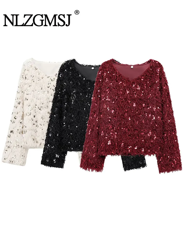 TRAF 2025 женский свитер с блестками и перьями элегантные свитера длинными рукавами