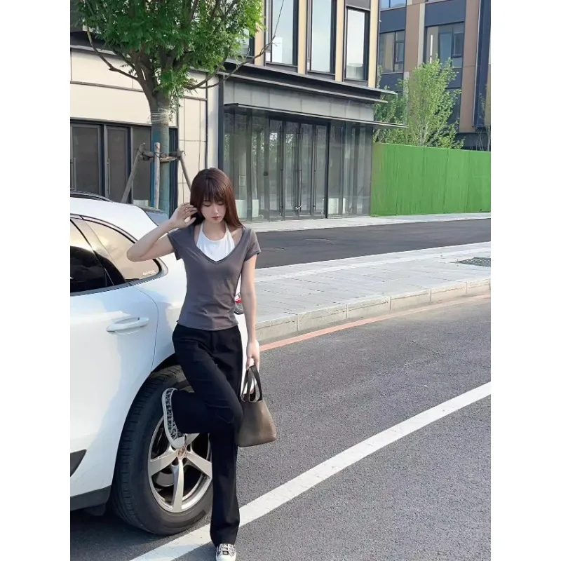 Американский винтажный серый топ на бретелях с коротким рукавом женские летние