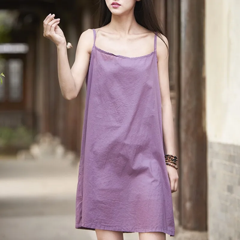 

Yasuk Summer Female Casual Soft Comfortable Loose Cotton Linen Long Skirt Chinese Style Retro Solid Long Sleeveless Halter Dress