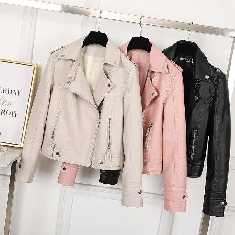 Pink Color Sweet Girl Leather Women's Short Coat Spring  Autumn 2022 Korean Students Pu Motorcycle Leather Jacket   Skinny Top