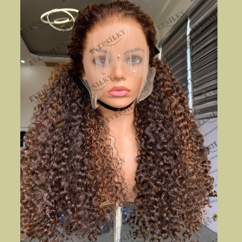 4B Afo Kinky Curly Highlight Brown Human Hair Wigs for Black Women Natural Hairline Glueless 200Density Thick Full Lace Wigs