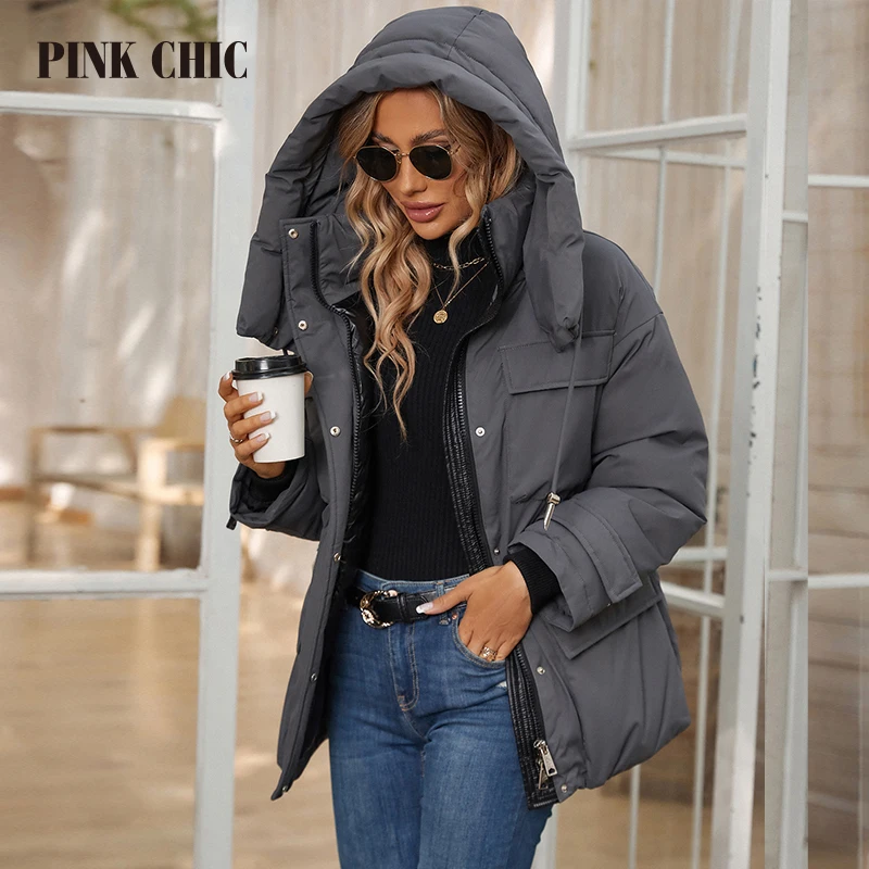 PINK CHIC 2023 Winter Short Coats Women Warm Hooded Padded Female Outwear Solid Slim Casual Down Jacket Women's Parkas 8249