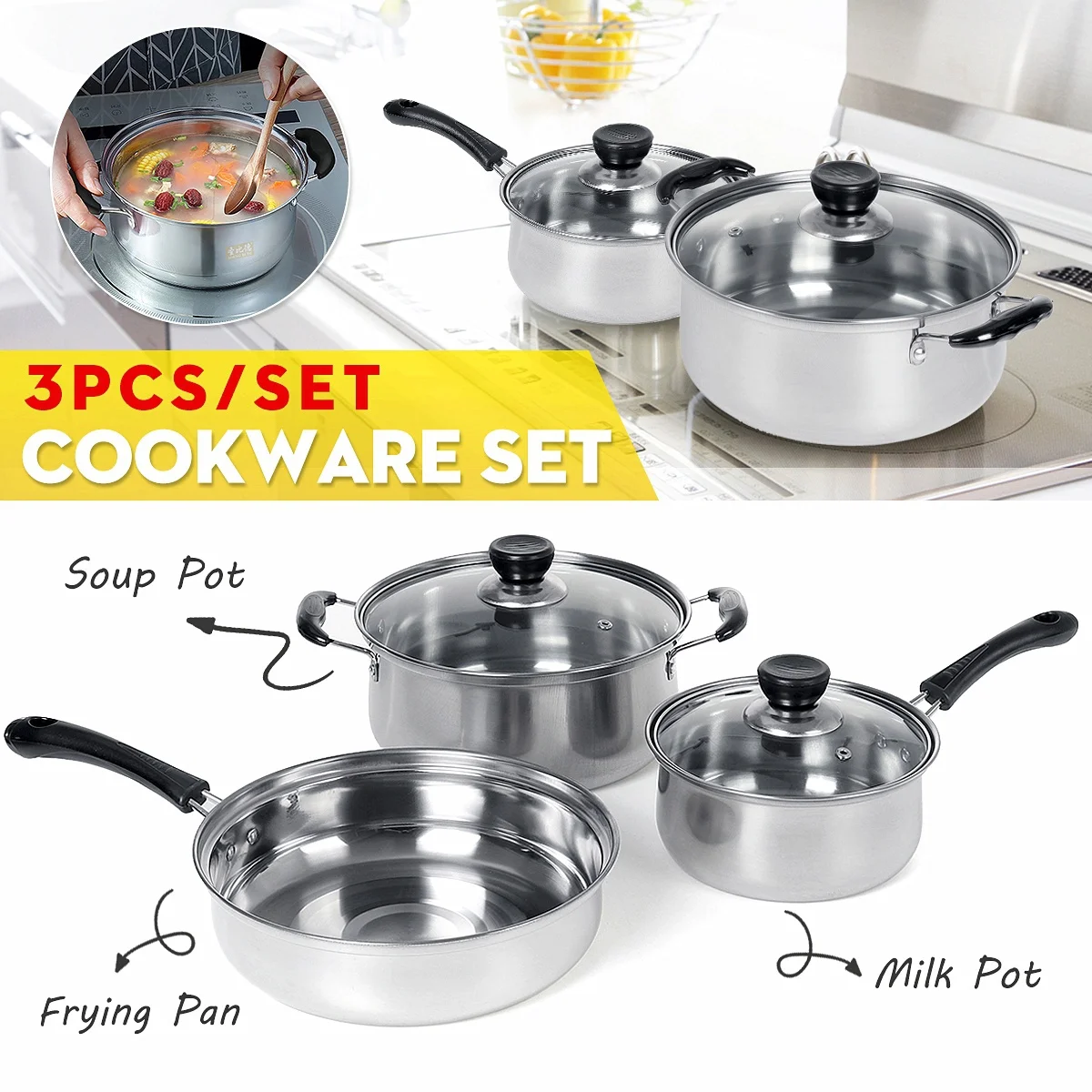 Pot Cookware, Soup Pot With Lid+milk Pot With Lid+frying Pan