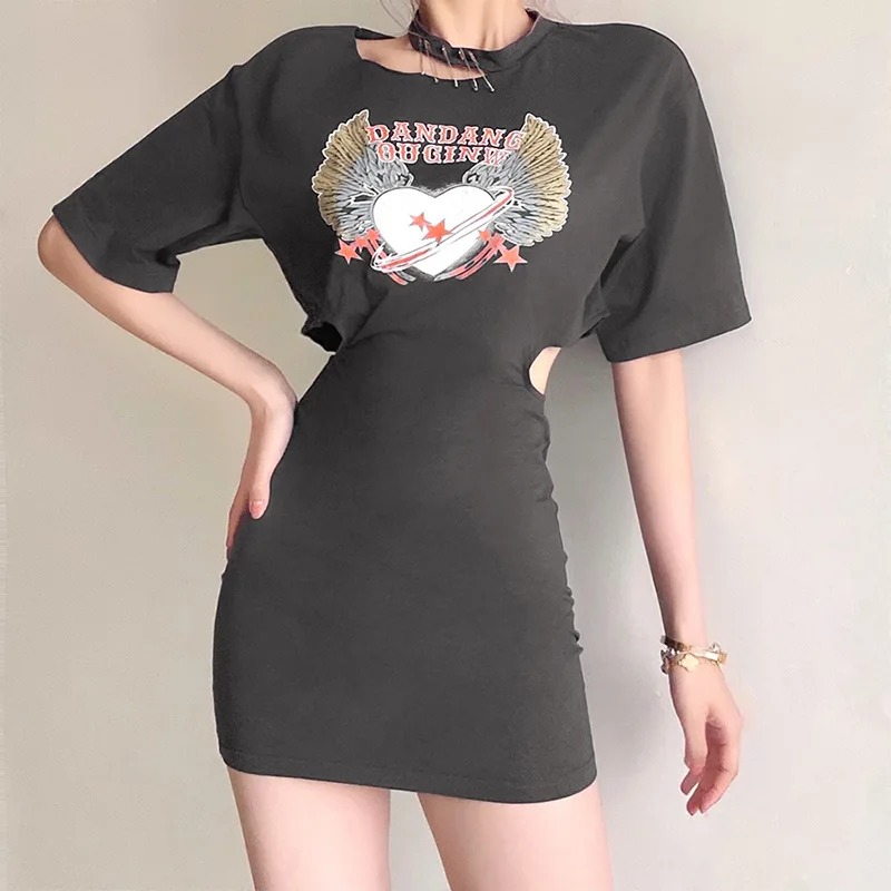 

2023 Fashion Casual O-neck Short-sleeved Loose New Women's Round Neck Solid Color Slim Print Wrap Arm Sexy Stretch Dress 2023