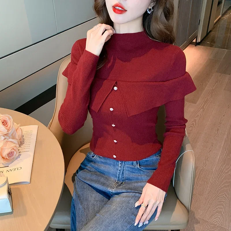 Французский винтажный вязаный топ с высоким воротником до половины поло