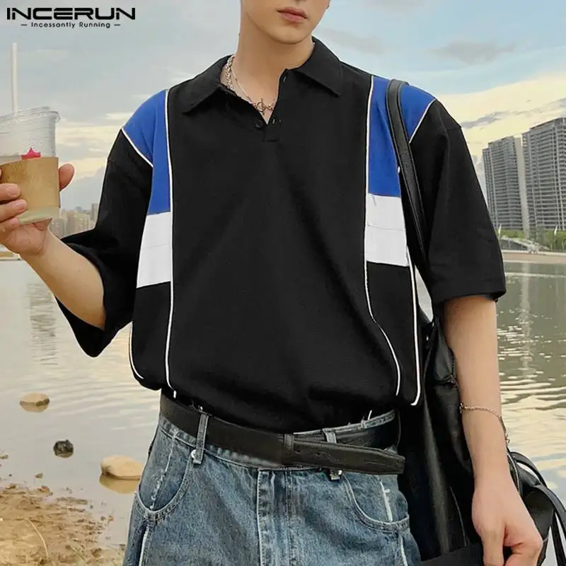 

INCERUN Tops 2023 Handsome New Men Tricolor Patchwork Design Shirts Casual Fashionable Hot Sale Lapel Short Sleeved Blouse S-5XL