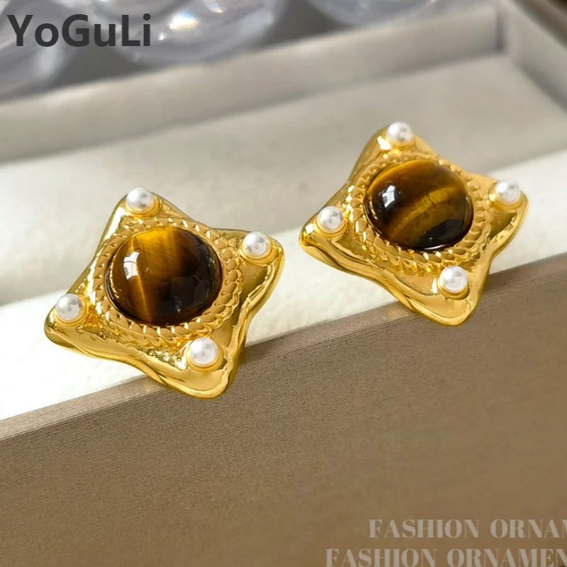 

Fashion Jewelry 925 Silver Needle High Quality Copper Square Brown Stone Stud Earrings For Women Girl Party Wedding Gift 2023