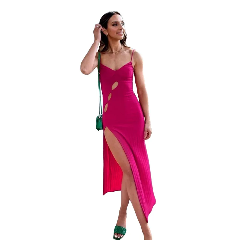 

Summer Hollow Out Party Dress Solid Fashion Sexy Slim Stretch Knit Strap Split Long Dresses for Women Beach Vacation Vestidos