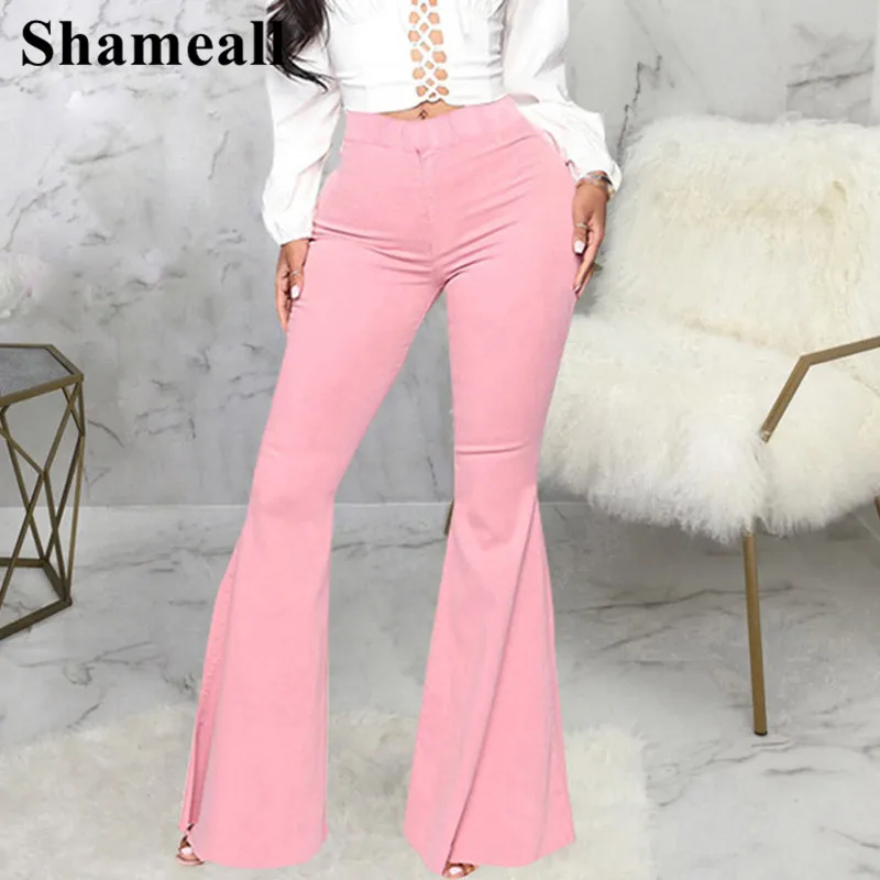 

Plus Size Elastic Waist Pink Tight Flared Jeans 3XL High Waisted Grunge Pants Fairycore Women Wide Leg Casual Basic Bell Bottoms