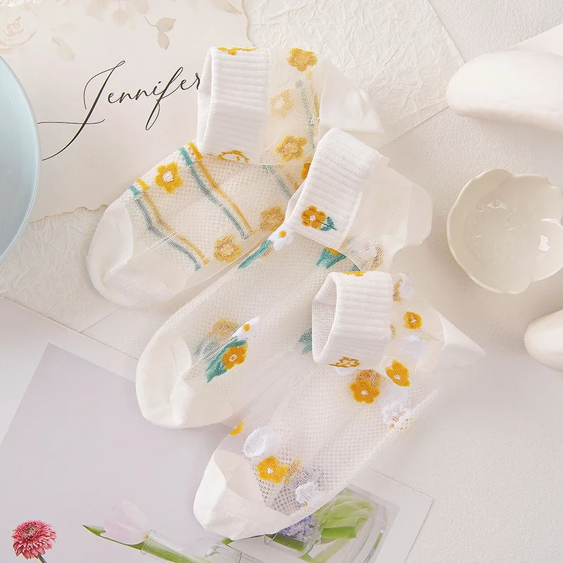 5 Pairs Summer Thin Cotton All-Over Transparent Sweet Mid-Tube Socks