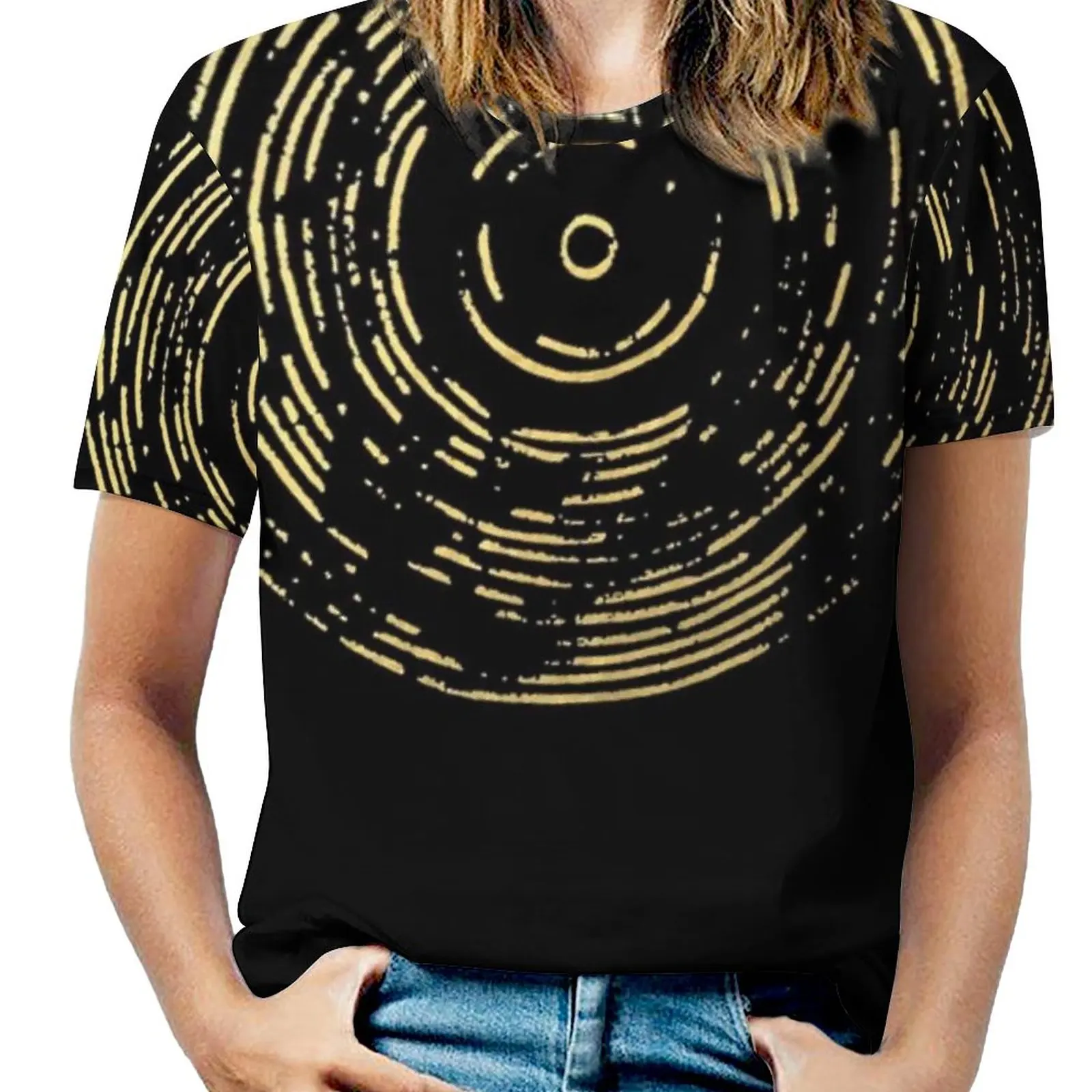 

Gold Disc Woman'S T-Shirt Spring And Summer Printed T Shirts Crew Neck Pullover Top Gold Black Disc Record Analog Music