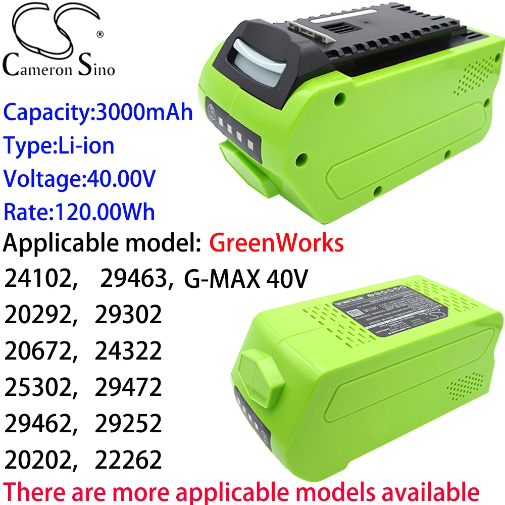 

Cameron Sino Lithium Battery 3000mAh 40.00V for GreenWorks G-MAX 40V,20302,2601402,21332,24102,29463,20292,29302,20672,24322