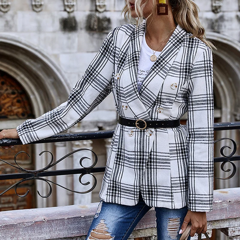 Fashion Elegant Slim Check Plaid Blazer Spring and Autumn Double-breasted Lapel Collar Long Sleeve Casual Office Lady (No Belt)