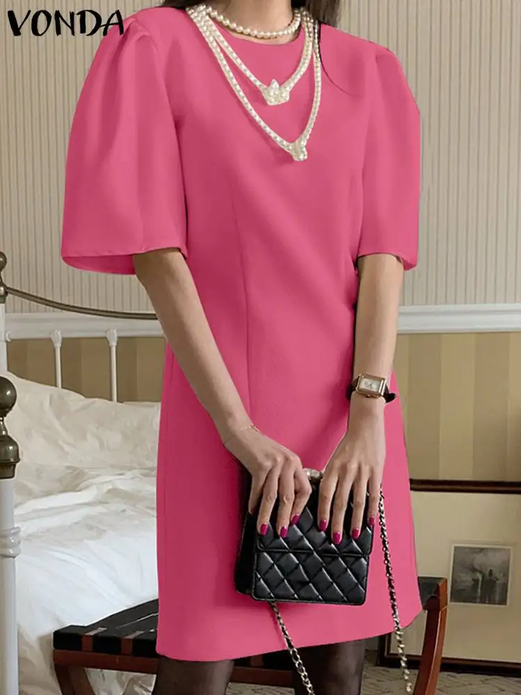 

2023 Fashion Elegant Party Dress VONDA Women Summer Dresses Short Puff Sleeve Mini Sundress Casual Solid Color Short Beach Robe