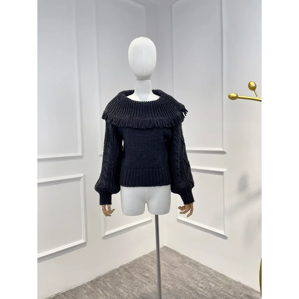 

2022 New Winter High Quality Elegant White Black Warm Scarf Collar Lantern Sleeve Knit Wear Outside Straight Sweater