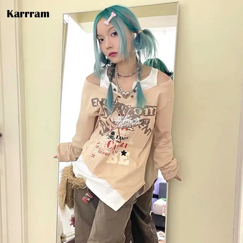 

Karrram Punk Style Fake Two Piece T-shirts Grunge Printed Irregular Tops Japanese Harajuku Streetwear Vintage Patchwork Tshirts