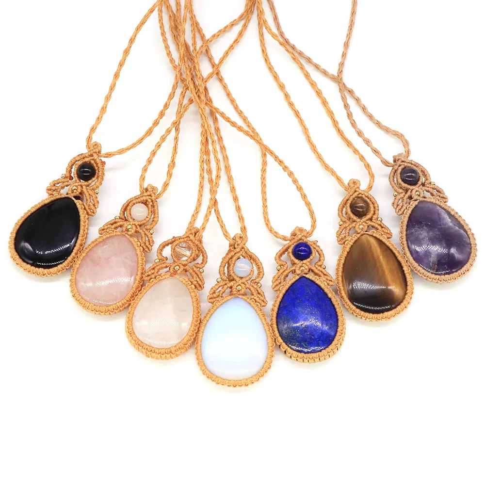 

Handmade Rope Weaving Process Water Drop Necklace Natural Healing Stones Crystal Bond Beads Fashion Pendant Jewelry Crafts Gifts