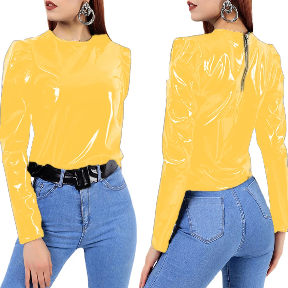 Women Faux Patent Leather Turtleneck Tops Long Sleeve Shirt Zipper PVC Pullover Black Red PU Clothes Streetwear Custom | Женская одежда