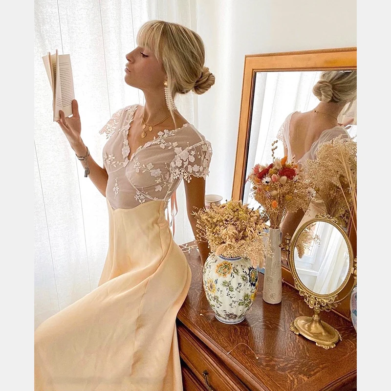 

2022 New Lace Embroidery Patchwork Women V Neck Elegant Sexy Long Dress