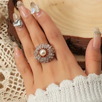 new exquisite pearl crystal flower ring fashion temperament opening ring for women girl korean wedding party jewelry gift