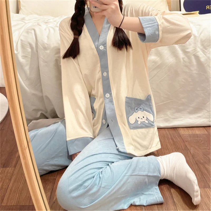 

Sanrio Pajamas Cinnamorol Women's Plus Size Clothes Spring and Autumn Kawaii Cute Cotton Long Sleeve Anime Student Homewear Set