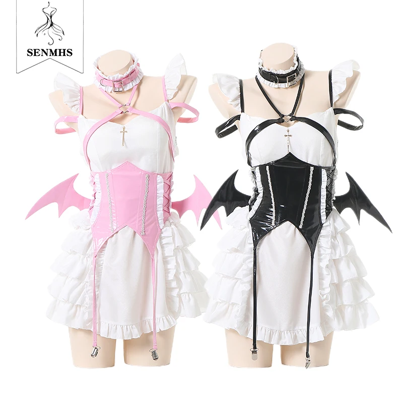 

SENMHS Japanese Anime Devil Wings Elf Flower Fairy Cosplay Costume Sexy Leather Lolita Dress Maid Halloween Set Black Pink