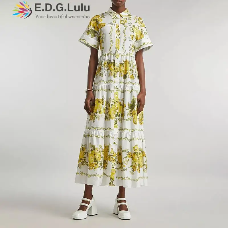 

EDGLuLu Turn-Down Collar Short Sleeved Summer Dresses Woman 2023 Leisure Beach Yellow Floral Shirt Dress Loose Long Dress 0705