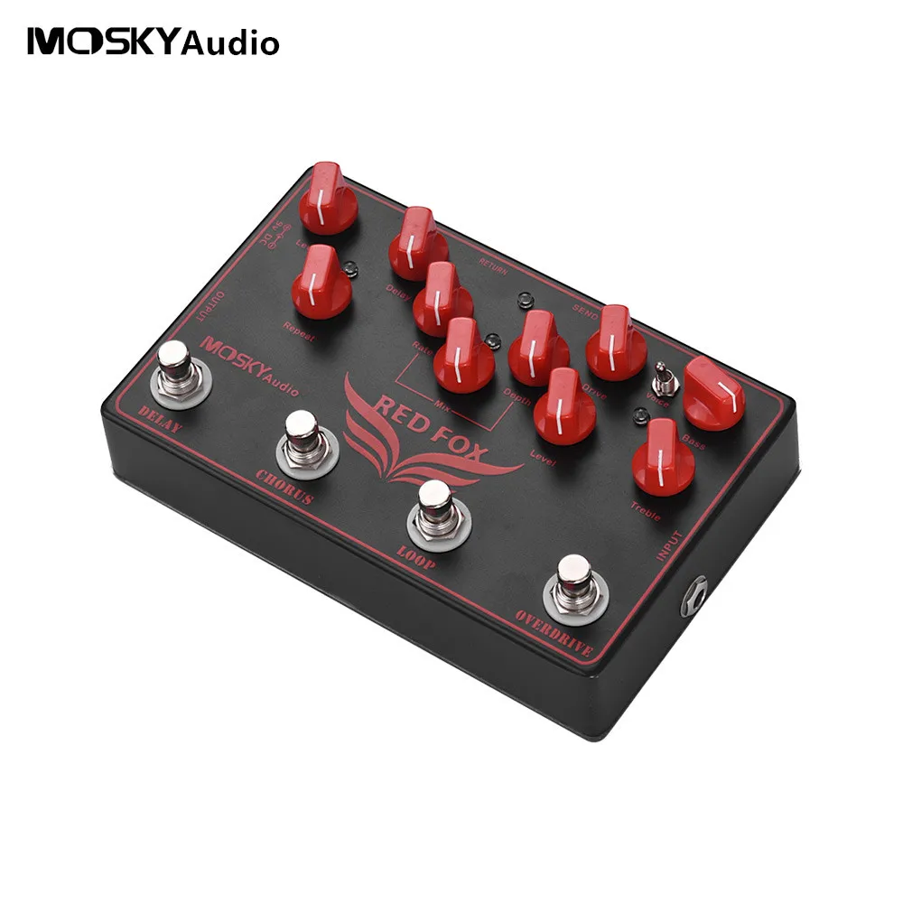 RED FOX Guitar Multi Effects Pedal Combines Overdrive ,LOOP, Chorus,Delay 4 Effects in 1 Metal Alloy Compact Housing True Bypass enlarge