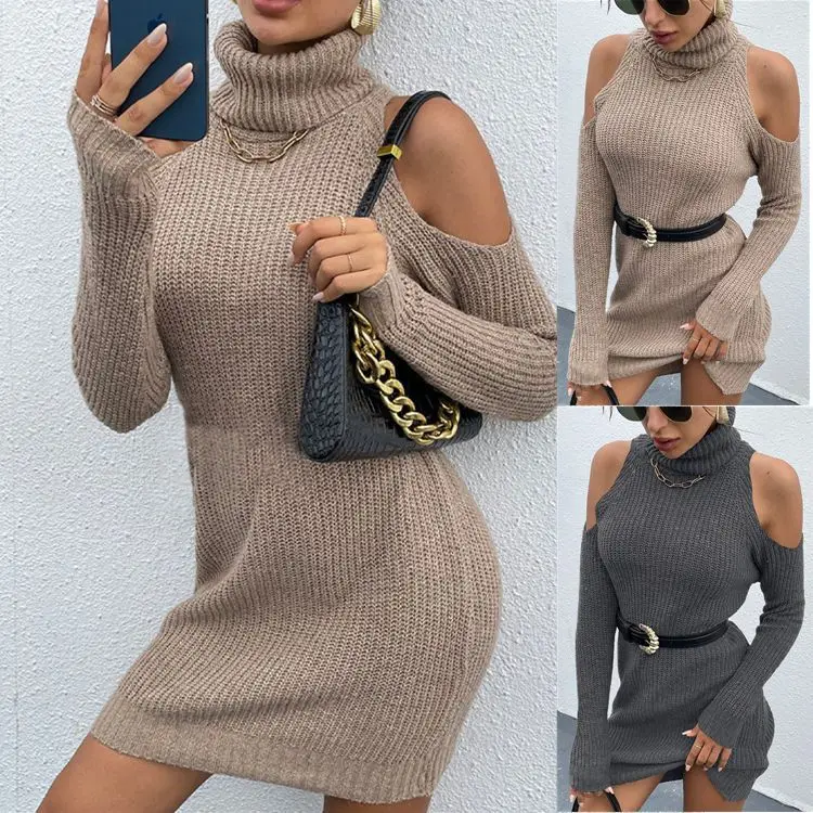 Купи New Women's Knitwear Mid length Hip Wrap Slim Dress High Neck Pullover Sweater за 432 рублей в магазине AliExpress