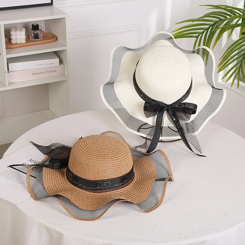 

New Mesh Brim Straw Hat For Women's Summer Elegant Wide Brim Cap Foldable Seaside Bow Visor Hat UV Protect Hat Beach Hats Women