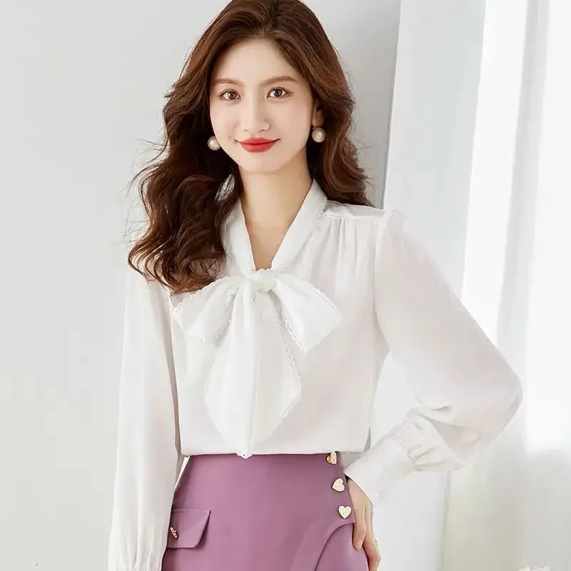 

Женская блузка в Корейском стиле, элегантная белая блузка в офисном стиле с бантом и лентой, модель A324 на осень и весну, 2023