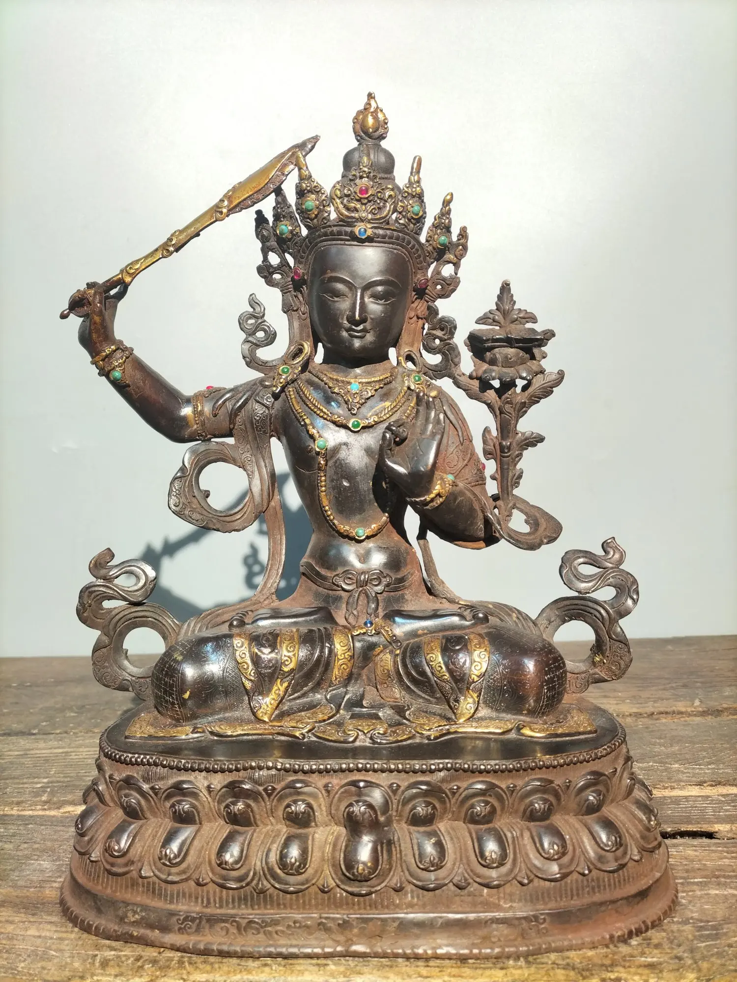 

13" Tibetan Temple Collection Old Bronze Cinnabar mosaic gem Manjushri lotus platform Amitabha worship buddha Town house