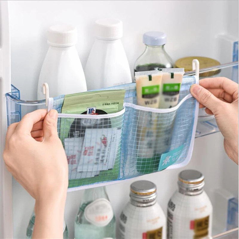 

Refrigerator Storage Mesh Bag 1/2pcs, Portable Seasoning Food Snacks Net Bag Double Compartment Hanging Bag Kitchen Accessories