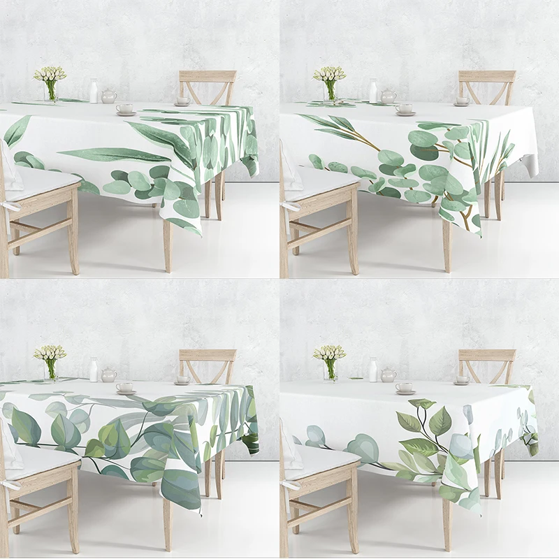

Fresh Green Plants Leaves White Flax Tablecloth Dustproof Cover Heat Resistant Kitchen Dining Room Decoration Multiple Sizes