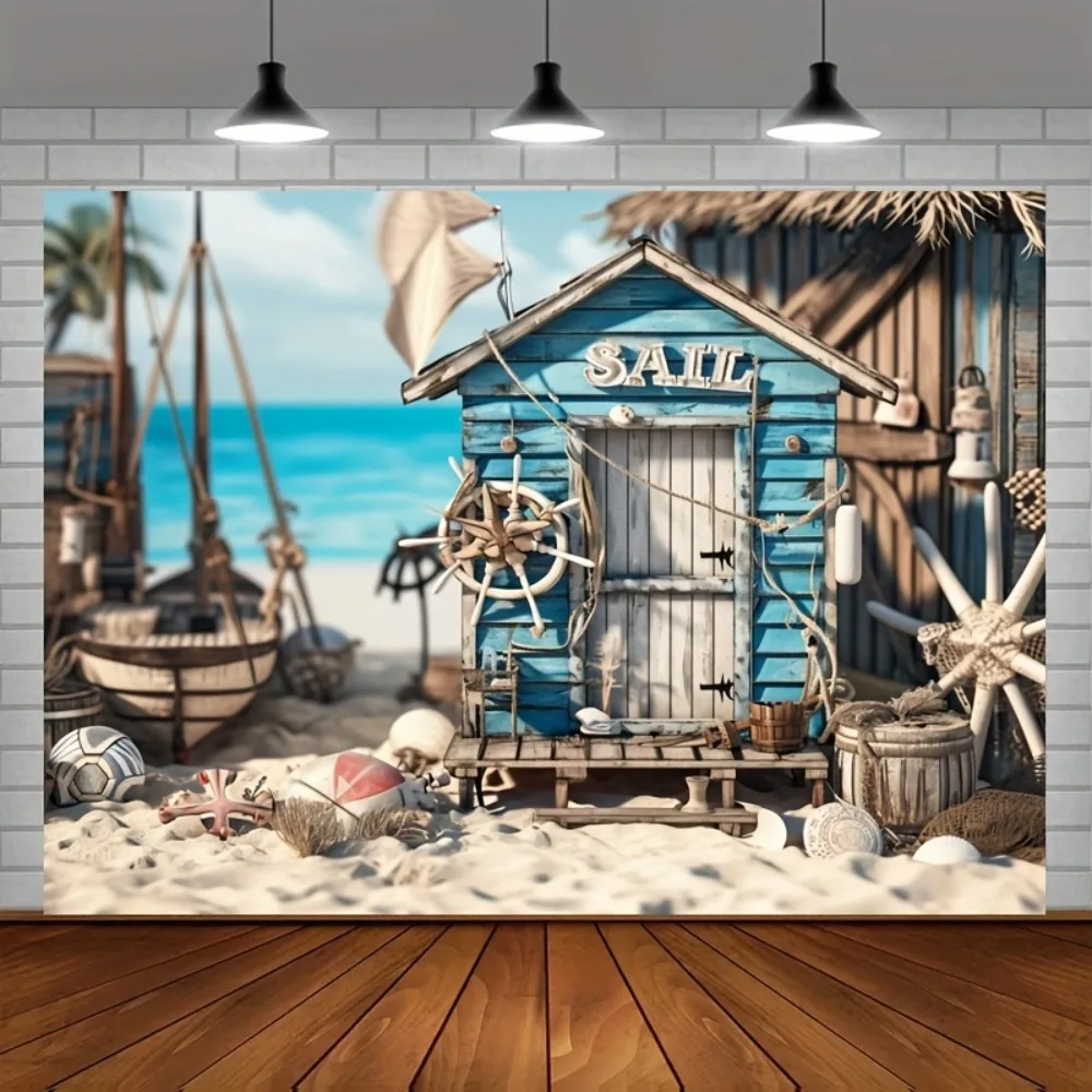 Фон для фотосъемки с изображением морского побережья и корабля