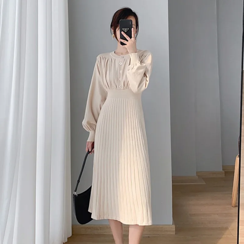 

Autumn Winter 2021 New Medium Length Knee Length Sweater Skirt Lantern Sleeve Closed Waist With Knitted Dress
