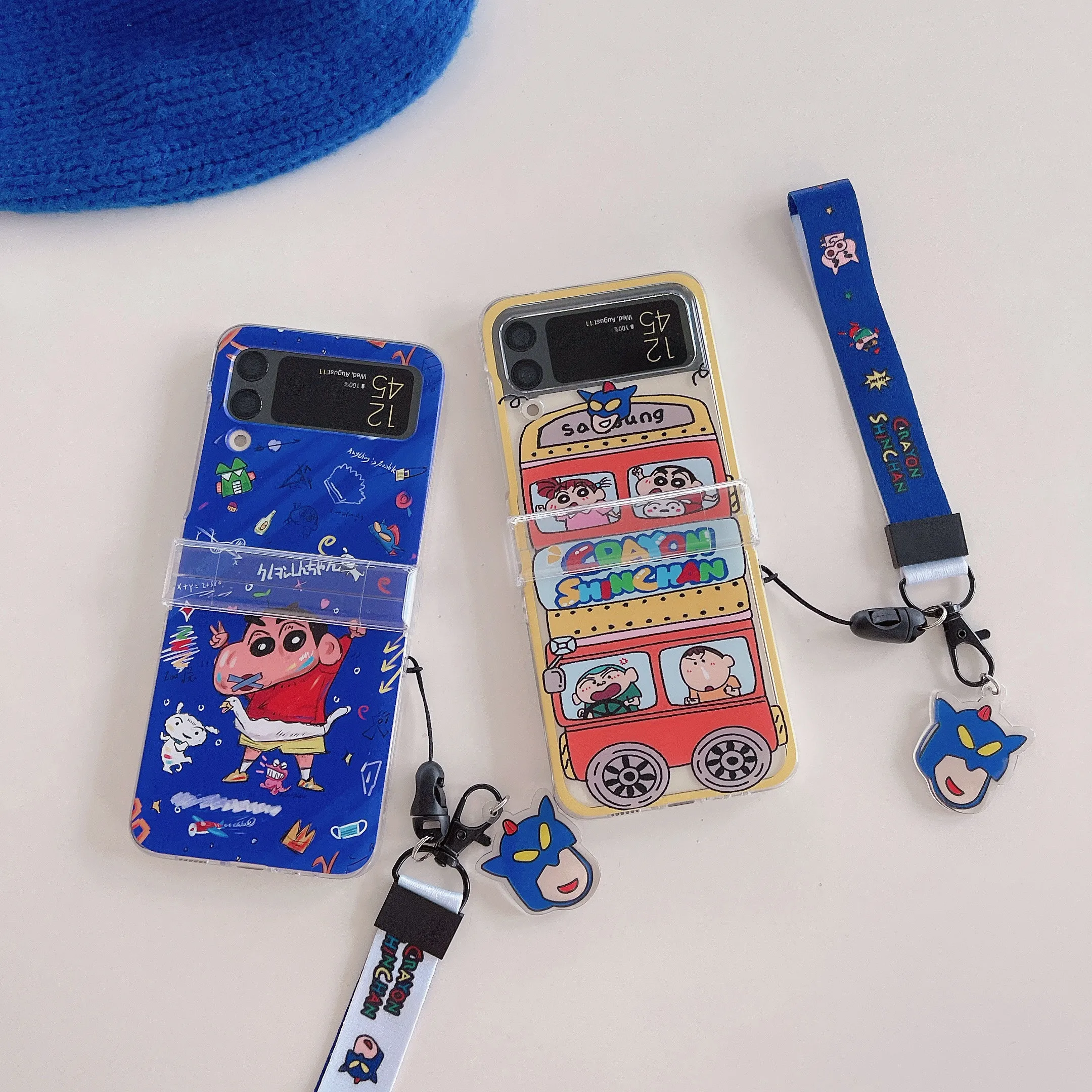 

Cute Cartoon Crayons Shinchans With Lanyard Case for Samsung Galaxy Z Flip 3 Hard PC Back For Z Flip 4 Case Protective Shell