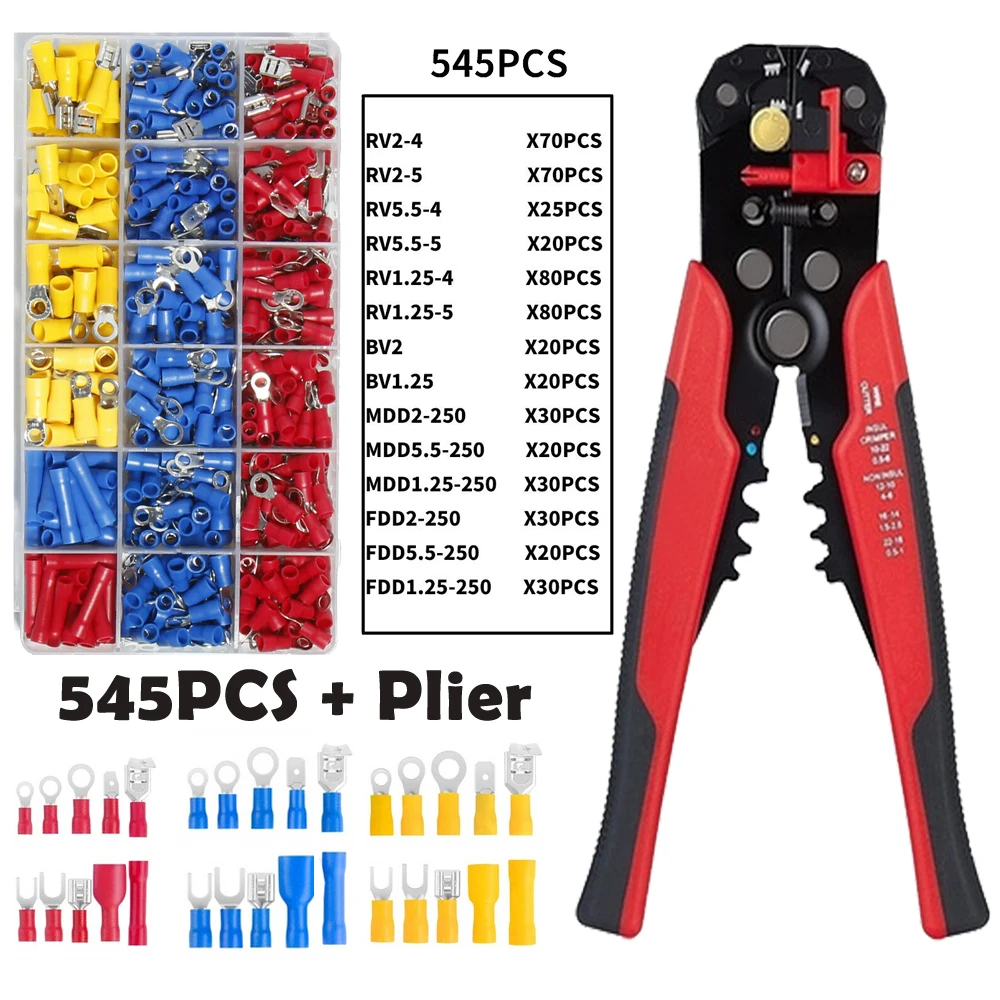 

545PCS Assorted Female Male Crimp Spade Terminal Insulated Electrical Wire Connector Kit with 1PC Wire Crimp Cutting Plier