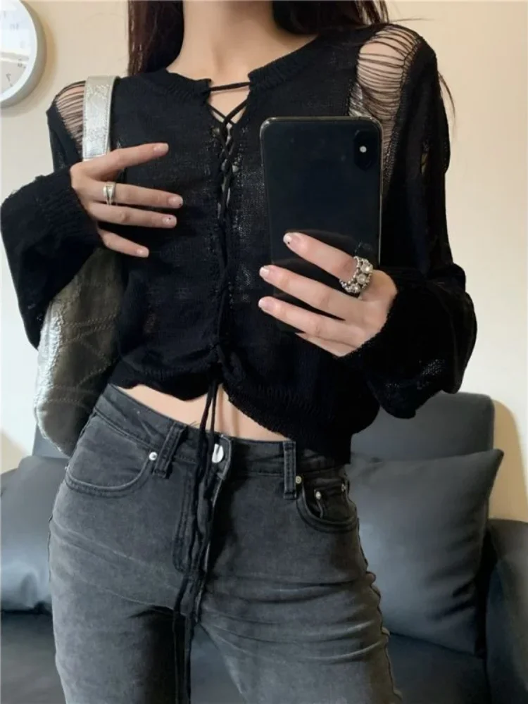 Женские вязаные кардиганы Woherb Y2K с дырками однотонные милые укороченные джемперы