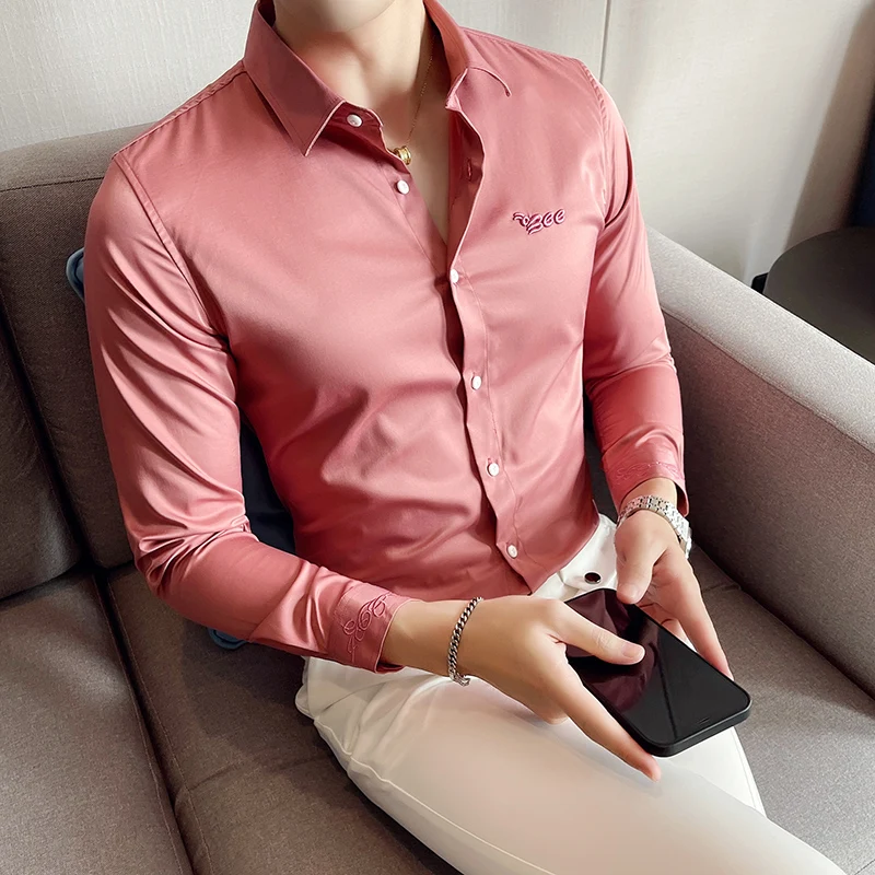 

Chic Embroidery Solid Shirts For Men Four Seasons Casual Long Sleeve Camisa Social Masculina Button Slim Korean Male Dress Shirt