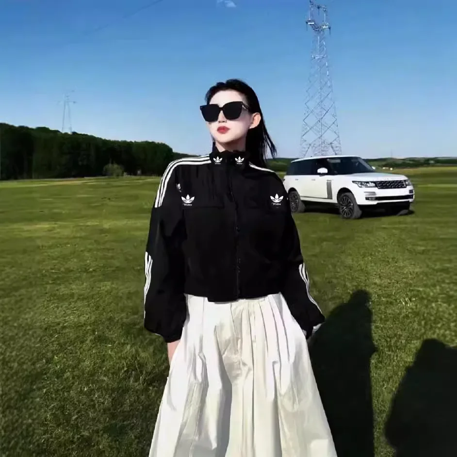 Autumn Three-Leaf Grass Men's Stand Collar Embroidered Jacket Women's Casual Loose-Fit Trendy Brand Cropped Top