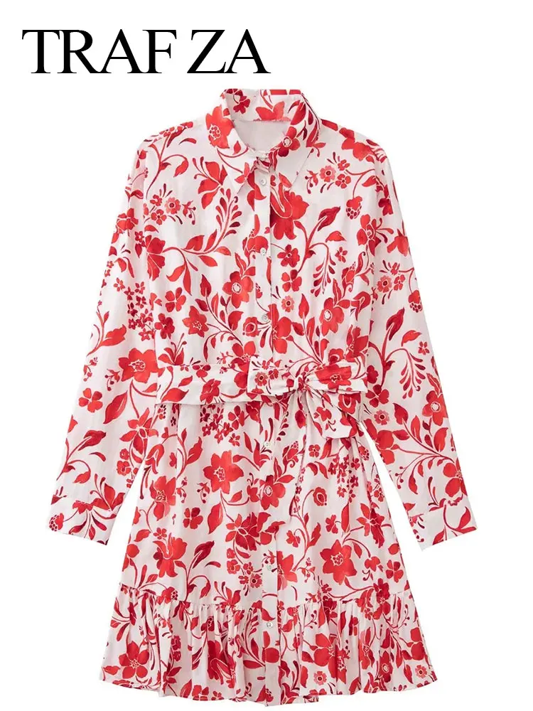 

TRAF ZA 2022 Womens Shirt Dress Vintage Floral Print Button Ruffle Mini Dresses Lapel Long Sleeve Summer Casual Women's Clothing