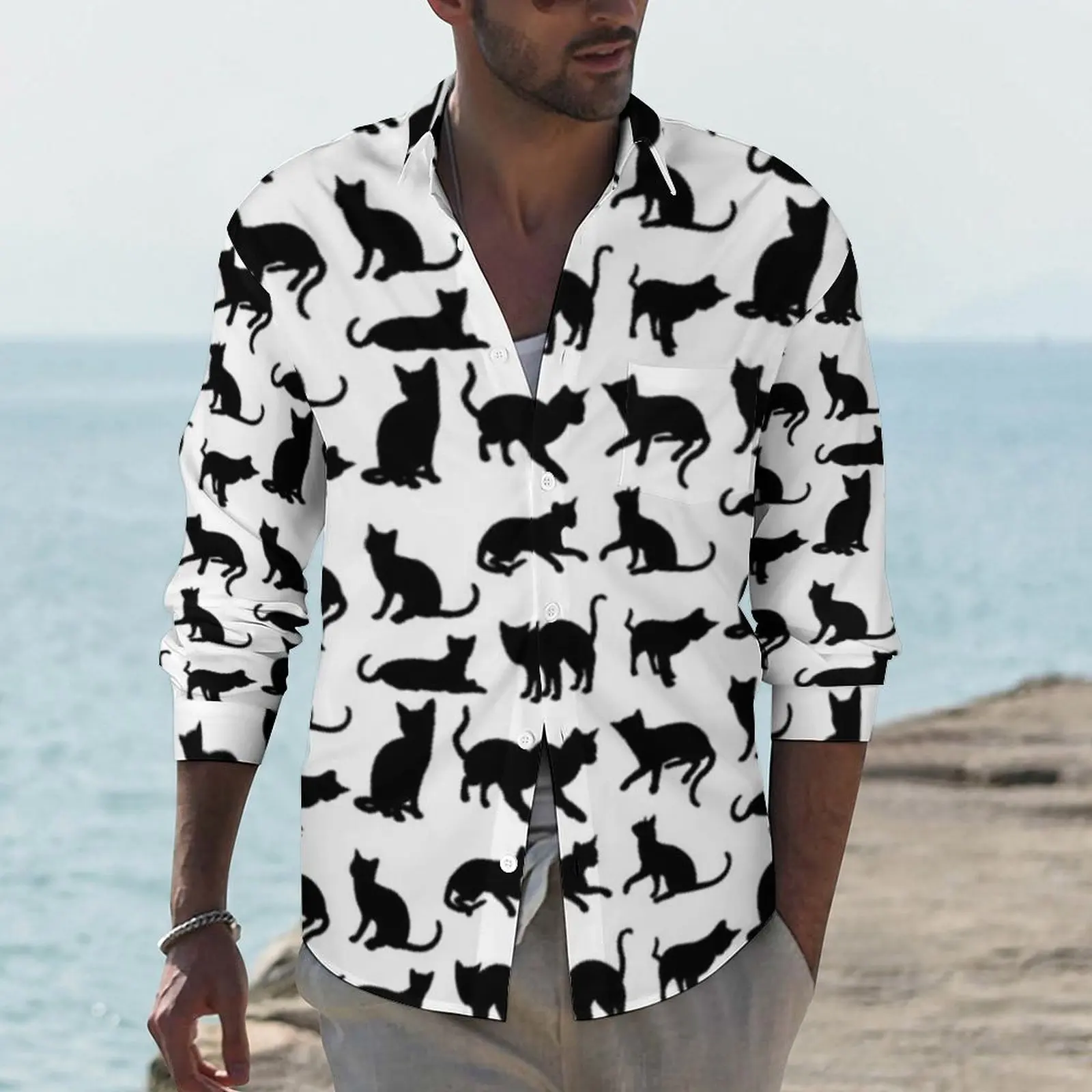 

Cool Black Cat Shirt Spooky Animals Casual Shirts Long Sleeve Custom Aesthetic Blouses Autumn Fashion Oversized Tops