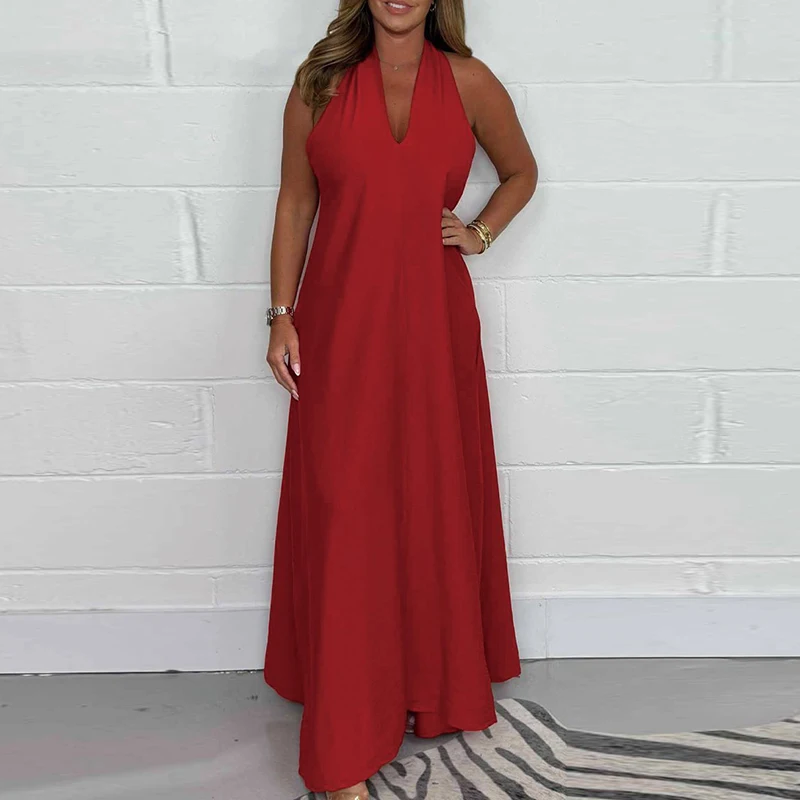 Элегантное длинное платье с v-образным вырезом и высокой талией 2024 женское