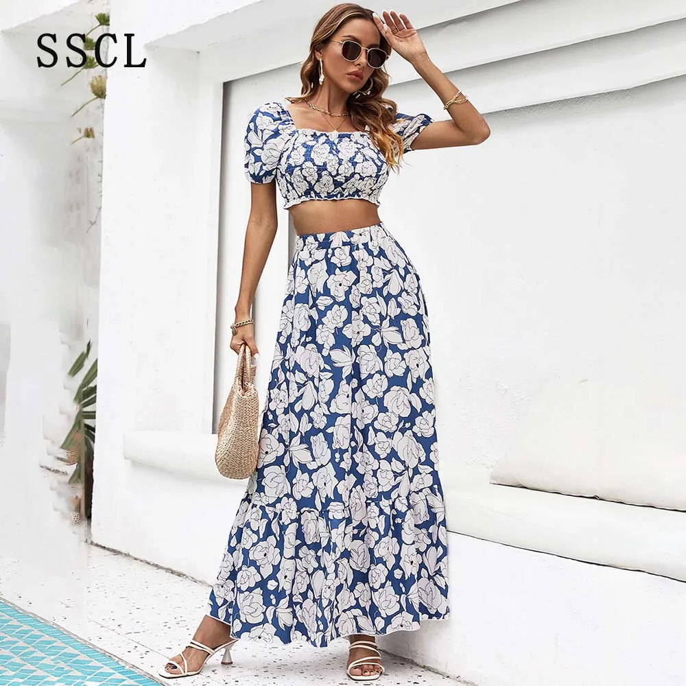 

Летний шифоновый комплект SSCL, Женский комплект из двух предметов с юбкой, женские костюмы с цветочным принтом, праздничный комплект из двух ...